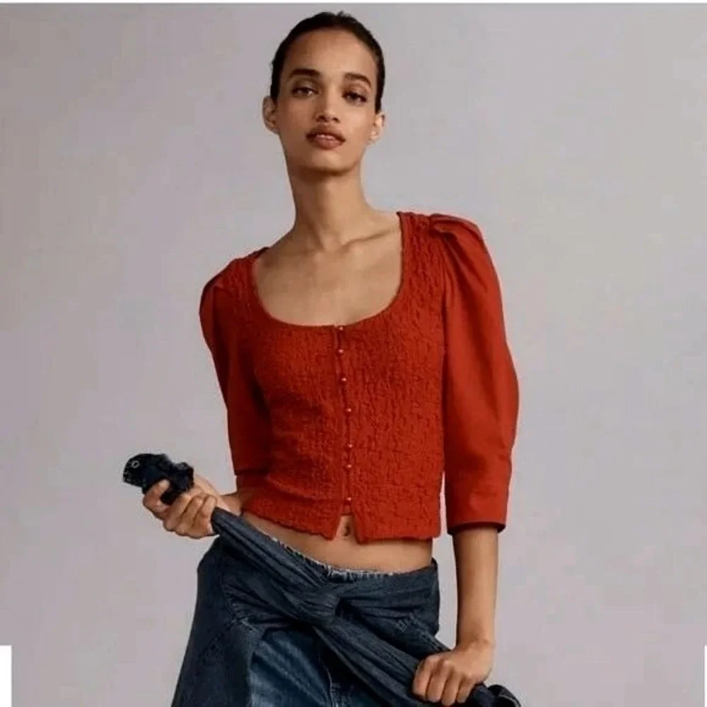Anthropologie S Smocked Cardi Blouse Top Puff sleeve Button Up Prairie Boho Crop
